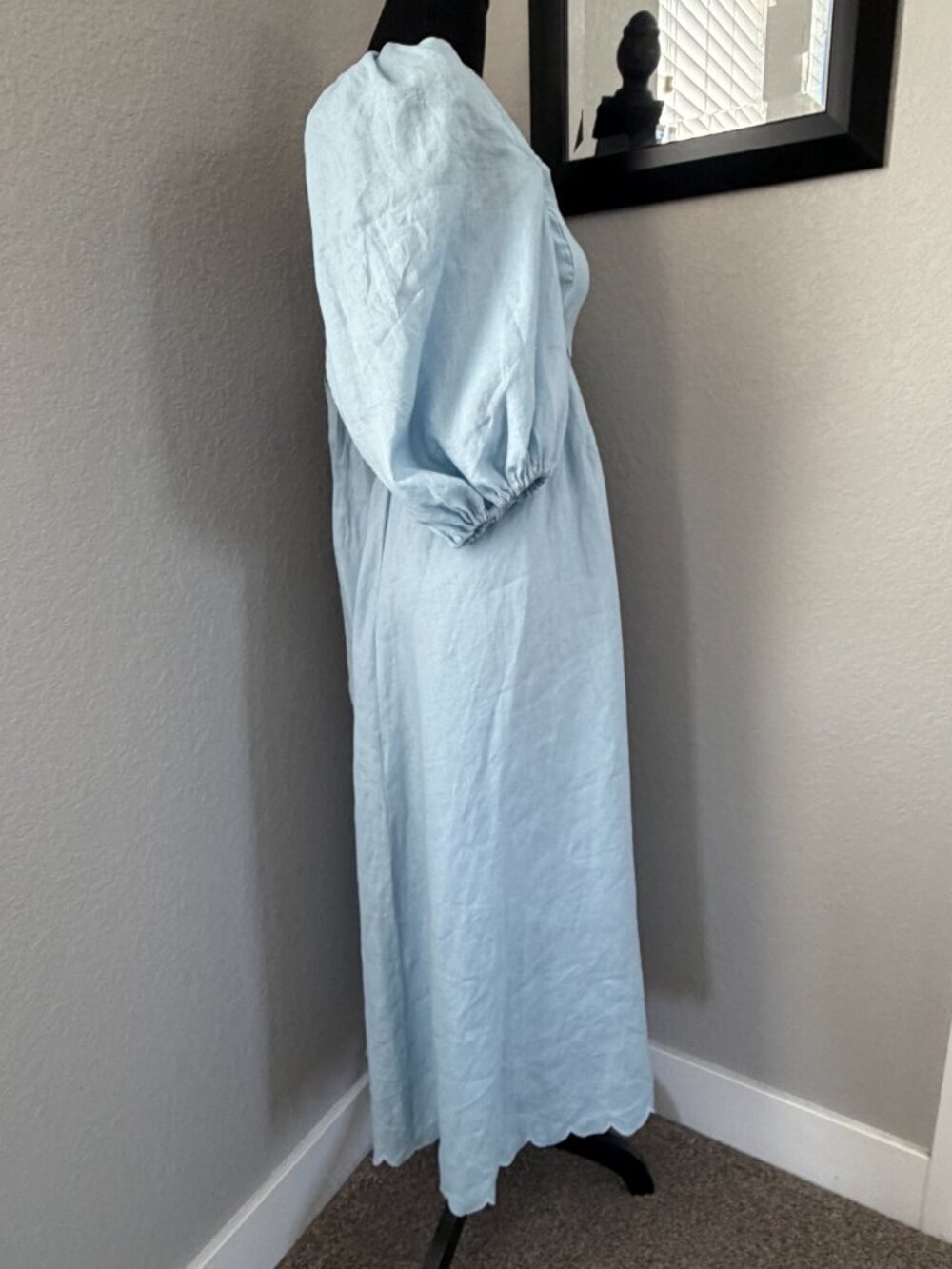 MABLE Scalloped Blue Linen Midi Dress Puff Sleeves Small - Picture 5 of 14